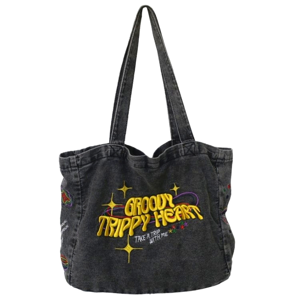 Oversized Denim Smoke Grey Embroidered  Canvas Bag Messager Bag with Zipper
